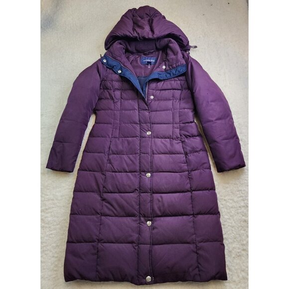 Lands End Coat Jacket Puffer Petite XS Purple Long Line Duster Zip Button Hooded - Picture 1 of 11